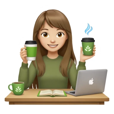 a designer with light skin long brown hair bangs waving, stack of books, coffee cup on top, water bottle, computer, matcha, no glasses sticker
