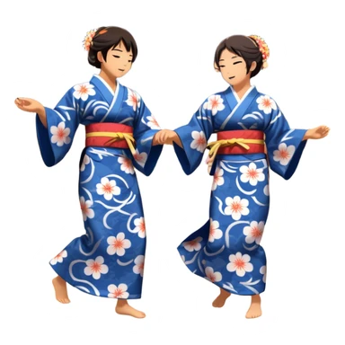 Cinematic Realistic scene of two performers engaging in Bon Odori, dressed in traditional yukata with intricate summer patterns, captured in graceful, rhythmic motion with warm, festive lighting sticker