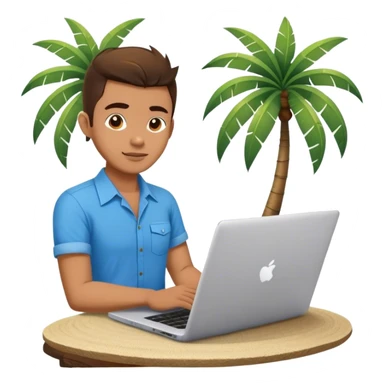 A digital nomad in bali working on a laptop wearing a tropical blue shirt with a palm tree on the side sticker