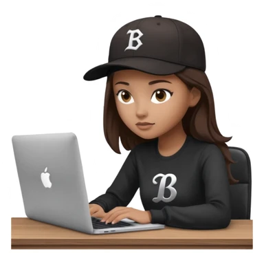 A professional 3D avatar of a young woman with light brown skin and long, dark brown hair, wearing a dark, long-sleeved shirt and a black baseball cap with a prominent white 'B' logo. She's sitting at a sleek wooden desk, typing on a silver MacBook. sticker