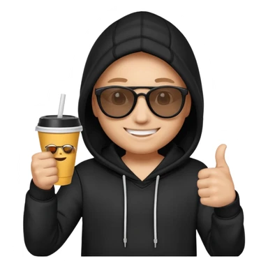 emoji di Gesù con felpa nera, sulla felpa in bianco scrivi "SKUIRTER" con occhiali da sole un pollice in su e in una mano un bicchiere di carta
 sticker