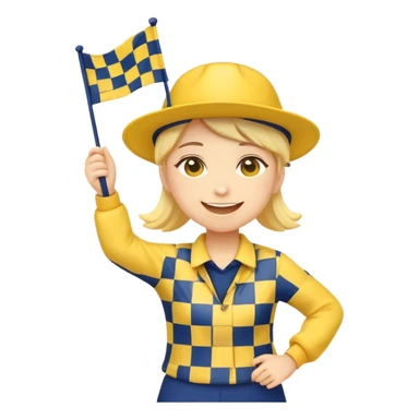 I want a yellow circle emoji holding a yellow and navy blue checkered flag in both hands, wearing a yellow and navy blue hat, dancing, and smiling. sticker