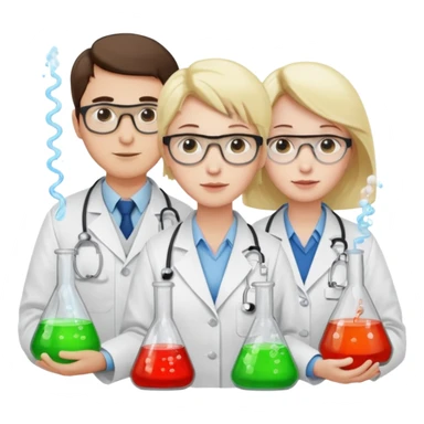 The team of three scientists is waist-deep, surrounded by chemical flasks and books sticker