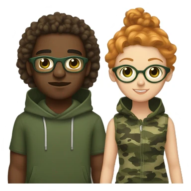 Black man with a camouflage hoodie, curly brown hair and brown eyes, holding hands with a ginger girl with straight hair, gold wire rim glasses and green eyes sticker