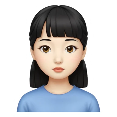 Clean Korean illustration-style emoji portrait of a young Korean woman, front-facing.
Smooth porcelain skin, soft shading, large round eyes, calm neutral expression.
Straight black bangs, black hair tied back, small nose and lips.
Round oval face, soft jawline.

 sticker