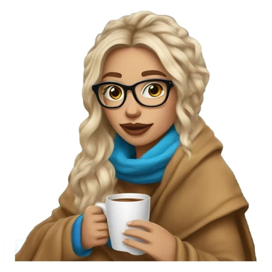 Balayage hair Girl drinking coffee, with a cozy blanket wearing glasses with blue eyes beautiful  sticker