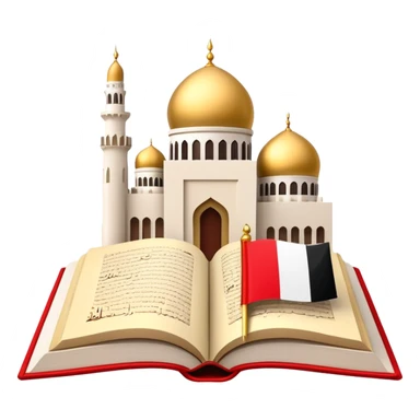 An icon featuring the mosque and the flag of United Arab Emirates, symbolizing the Arabic language. The design includes an open book with Arabic script and calligraphy, representing language learning and cultural heritage. Transparent background sticker