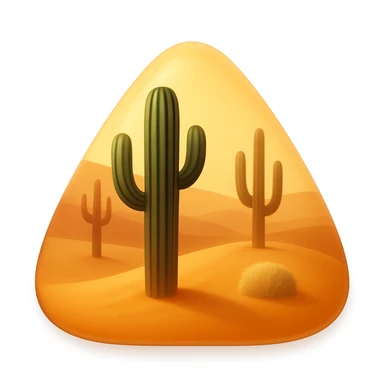 Create a desert emoji in the style of iOS emojis. The shape should be a sand mountain instead of a square, keeping the same cacti, sand, and colors. The sand mountain should be smooth and shiny with a subtle highlight added. sticker