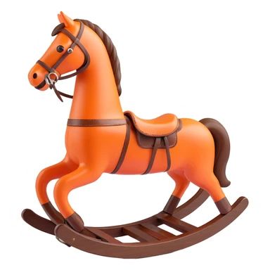 rocking horse, 3D, dark walnut wood, vintage style, Hermès orange leather trim, no text sticker