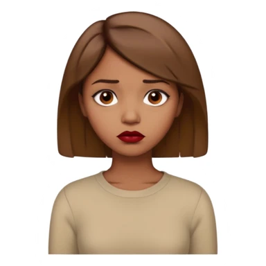 a brown girl with short light brown hair wearing a beige full sleeve and looking sad. dark red lip sticker