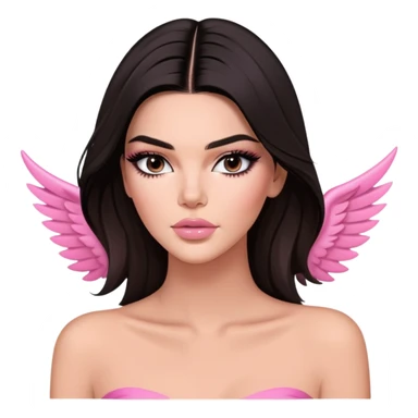 Kendall Jenner model, elongated face, long flowing dark hair, pink glossy lips, pink blush on cheeks, dramatic winged eyeliner, bare shoulders sticker