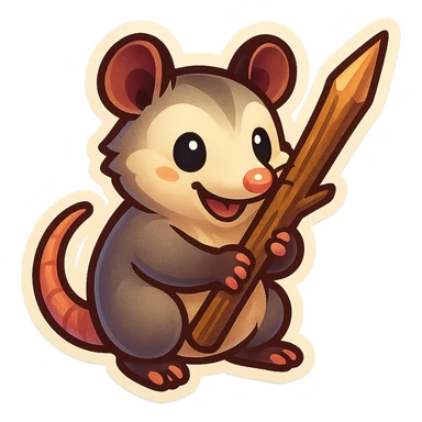 cute cartoon possum holding a large sharp stick, sticker-like style sticker