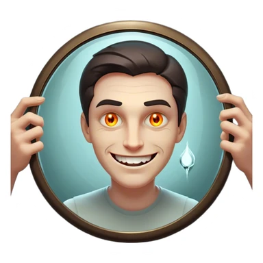 A smug, charismatic figure holds a mirror their reflection. in the glass—glowing, predatory eyes a tgrin, or deep cracks symbolizing a **fragile ego**. Their grip is tight, as if clinging to the illusion of perfection, shadows  behind them, revealing the manipulation hidden beneath their charm. sticker