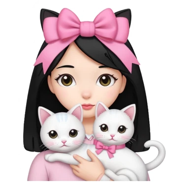 A gurl black hair with one pink bow holding one white cat sticker