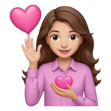 girl with wavy long brown hair, brown eyes, light to medium complexion, long lashes, light pink lipstick, wearing light pink shirt, smiling, hands holding a pink heart sticker