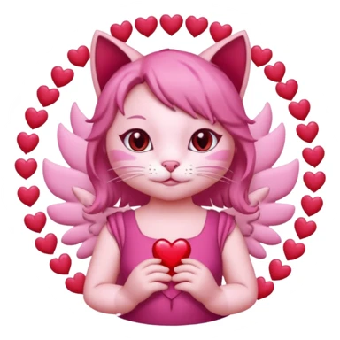 a pink cat who is doing this 🫰 and she has like red hearts around her head like a angel circle. the cat is going to have on a dark pink dress with a bow. sticker