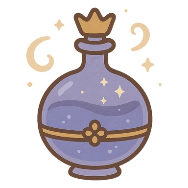 modernus minimalistinis prabangus eliksyro buteliukas, maža karūnėlės forma, spalva #7986cb, subtilūs sidabriniai ornamentai, švelnūs magiški efektai, labai mažas kaklelis, skaidrus fonas, vientisas dugnas, be šešėlio, plūduriuoja ore, kolekcijos stilius sticker