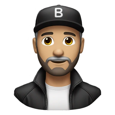 An adult white skin portrait of male with stubble and a slightly gray beard, brown hair, black eyes, wearing a black Reebok cap with a round emblem on his head, and a black leather jacket and stand collar. sticker