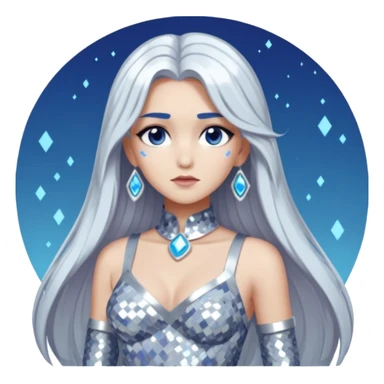 Athena from Lore Olympus with long silver hair, silver sequin outfit sticker