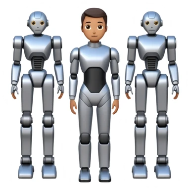 One person is waist-deep, next to simplified forms of robots or manipulators without details, the lines are clean and geometric. sticker