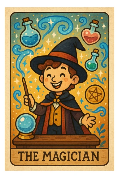 the magician tarot card, whimsical cartoon style, smiling magician, floating magical objects, playful atmosphere sticker