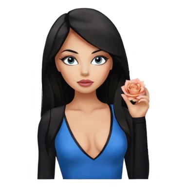 Glamours, tanned, beautiful, girl, with big pump peach-beige-rose lips, eyeliner, long lashes, black straight smooth silky long hair, straight parting hair, blueeyes in black v-neck bodysuit sticker