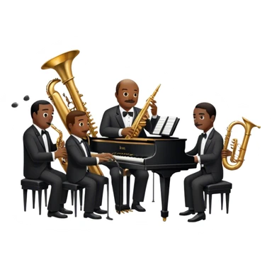 Icon for Jazz Music: Count Basie Orchestra, with Count Basie at the piano surrounded by jazz musicians playing instruments like saxophones, trumpets, and drums. Floating musical notes should capture the energetic and smooth vibe of big band jazz. Transparent background. sticker