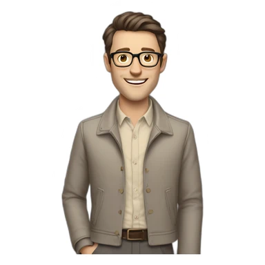 Joyful Full height Pale skinned Fit Man With dark brown hair in gray classic jacket, beige office shirt, Brown pants and vintage glasses. Thrumbs of his palms are up sticker