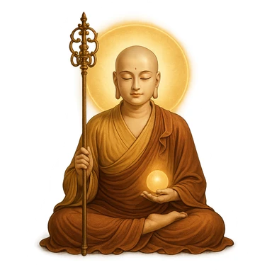 Kṣitigarbha bodhisattva, seated in meditation, surrounded by a glowing aura, monk's robes, staff and jewel, peaceful expression sticker