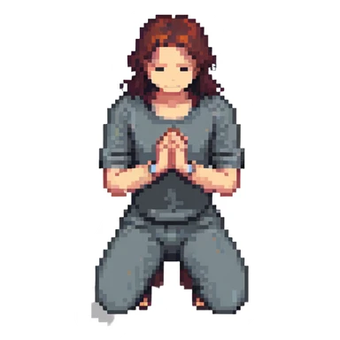 person kneeling in prayer with hands clasped sticker