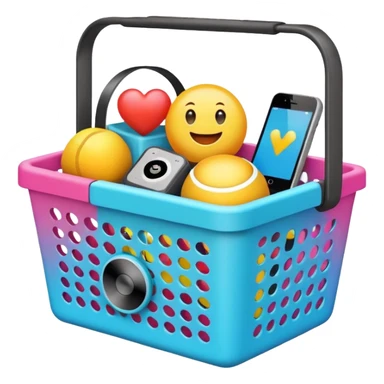 shopping basket filled with a smart speaker, fitness tracker, and digital camera emoji sticker