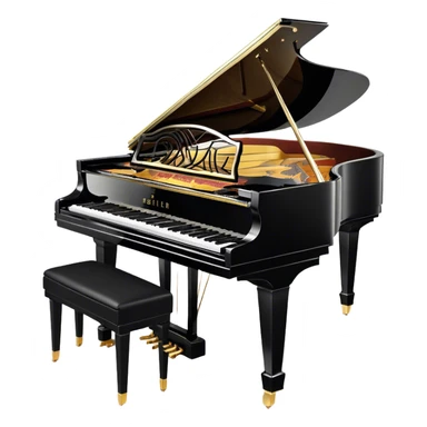 Create an elegant and detailed emoji representing the Seiler 278 Konzert grand piano. The design should feature the grand piano's polished black body with shiny, reflective surfaces, capturing its high-quality craftsmanship. The black and white keys should be clearly visible, with the curved shape of the grand piano’s body and lid, which can be slightly open. Add visible details like the pedal system, the intricate wood finish on the frame, and the elegant legs of the piano. The musical notes should float around the piano, evoking the sound of a professional concert instrument. Use deep black, white, and gold tones to highlight its luxurious appearance. The background should be transparent. sticker