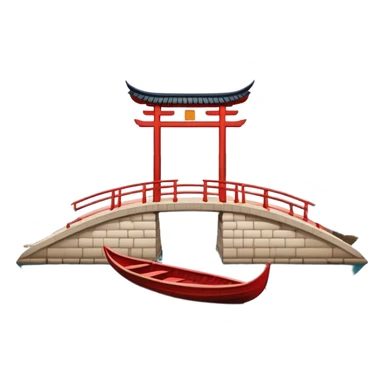 West Lake with Broken Bridge and small boat, Hangzhou, symmetrical composition, simplified emoji style with bold outlines, traditional Chinese arch bridge over water with a small wooden boat beneath sticker