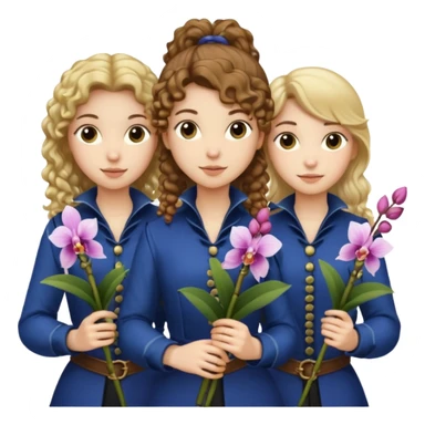 3 female musketeers, one with brown curly hair, one with straight blond hair, one eith blond hair on pony tail, all holding orchids sticker