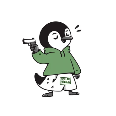 A cute but tough half-dolphin half-penguin thug holding a small gun, wearing a green hoodie with blood stains and Dollar General branded shorts sticker