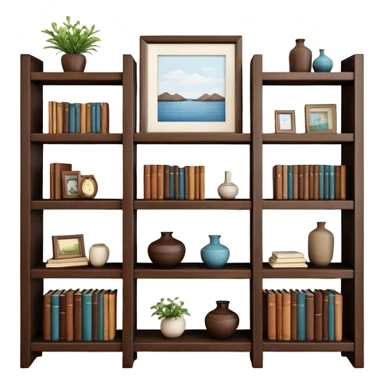 Wooden shelving unit with books and decorative items sticker