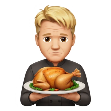 Gordon Ramsay with a stern look, holding a plate with a whole cooked chicken sticker
