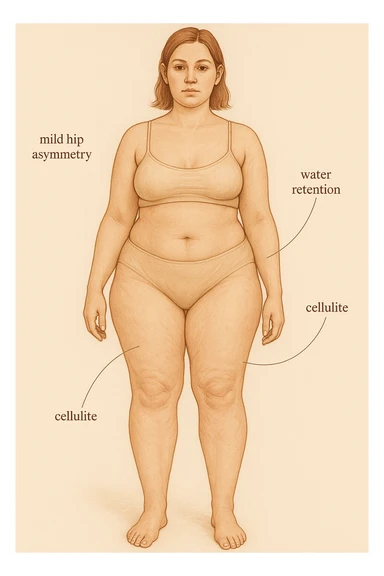 Realistic anatomical illustration of a woman with mild hip asymmetry, water retention, and cellulite, viewed in a soft, educational, body-positive way. sticker