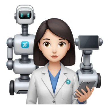 female AI robotics engineer with dark hair, and mobile robot near sticker