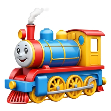 A colorful toy train engine with a big happy smiling face on the front sticker