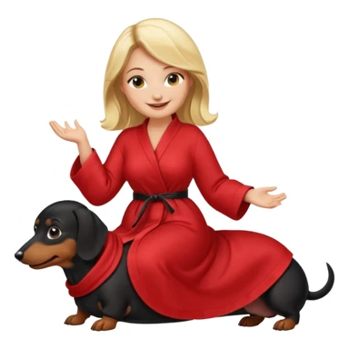A blonde curvy woman riding on top of a black mini-dachshund wearing a red robe sticker