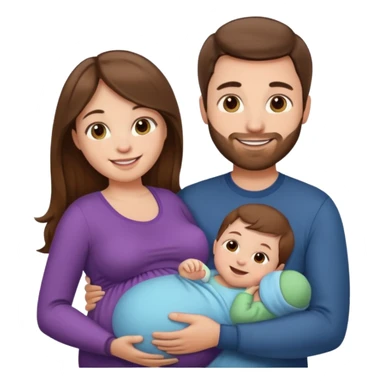 "Pregnant woman with long brown hair and fair skin and man with short brown hair and fair skin  holding one baby  smiling."
 sticker