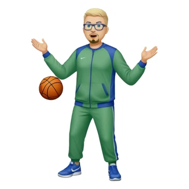 Full Body white male plus size wearing glasses with a goatee with light blonde and gray very short hair yelling basketball head Coach in blue and green Nike dry sweat suit sticker