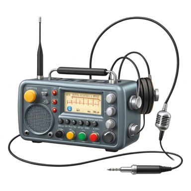 A photorealistic icon featuring a ham radio transceiver, headphones, microphone, antenna, and radio equipment like soldering tools and cables. The design includes detailed textures and realistic lighting, symbolizing the passion for amateur radio and communication. Transparent background. sticker
