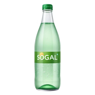 transparent bottle of sparkling water, green cap, clear fizzy water with bubbles, soft reflections, minimal blank label, 3D, refined, soft lighting, no anthropomorphic features, no extra elements, emoji scale sticker