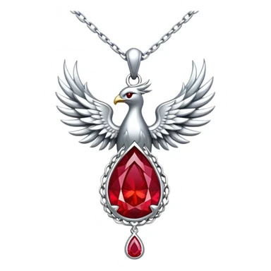 cosmic phoenix talisman: teardrop ruby radiating rebirth energy, ember edges, silver chain floating sticker
