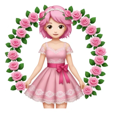 pastel anime woman with pink and white lace dress full body and roses in hair sticker