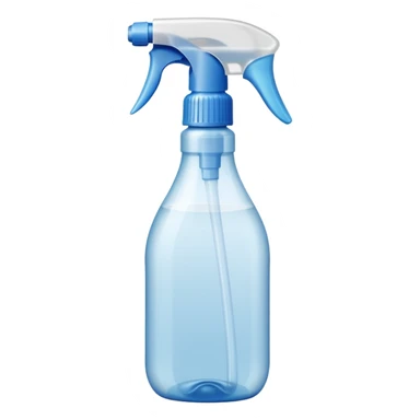 plastic spray bottle with simple trigger top and translucent body filled with clear liquid, practical shape, subtle grip texture on neck, no branding, slight reflection on plastic, no label, no cloth, no surface, soft lighting, subtle shadows, emoji scale sticker
