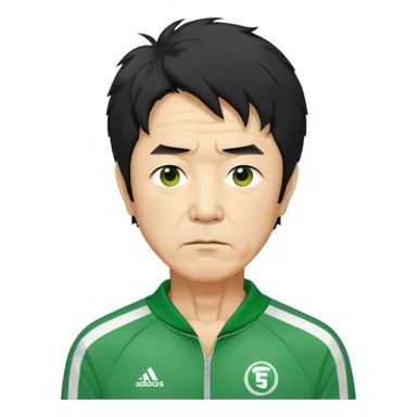 Seong Gi-hun : age 60, slim man with messy, unkempt black hair, Green player tracksuit,  sticker