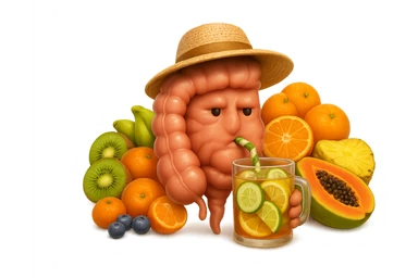 EMOJI STILE IPHONE DI INTESTINO UMANO REALISTICO CON CAPPELLO DI PAGLIA DA SPIAGGIA CHE BEVE UN Tè FREDDO IN BICCHIERE DI VETRO CON DENTRO  fette di cetriolo, limone, lime, DIETRO L'INTESTINO C'è UNA MONTAGNA DI PEZZI DI FRUTTA: Kiwi
Banana acerba
Arance e mandarini
Mirtilli
Ananas
Papaya
IPERREALISTICO 4K sticker